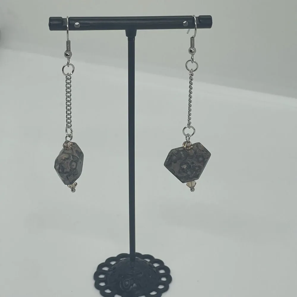 Hand Crafted Gray Brown Gemstone With Silver Chain Earrings NWT
